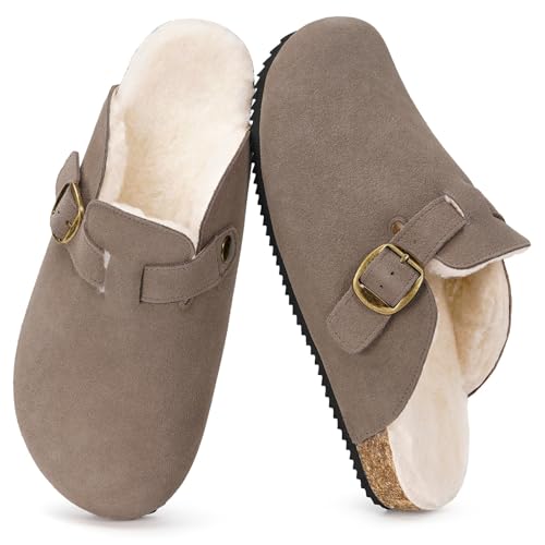 Dokela Hausschuhe Damen Herren Winter Clogs Gefüttert Pantoletten Wärme Plüsch Latschen Leder Schlappen Mit Fußbett rutschfest Schuhe Dunkelbraun 43 von Dokela