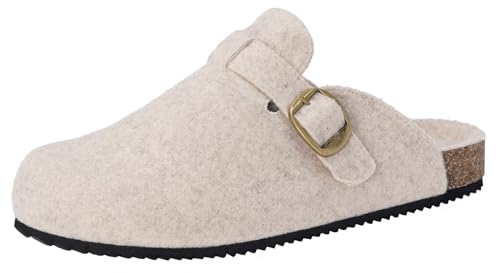 Dokela Hausschuhe Damen Winter Clogs Gefüttert Herren Filz Pantoffeln Wärme Kork Fußbett Mules Geschlossene rutschfeste Bequeme Schlappen Filzclog,Beige,40 EU von Dokela