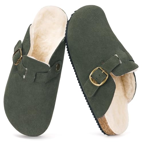 Dokela Hausschuhe Gefüttert Damen Clogs Herren Winter Pantoletten Wärme Plüsch Latschen Leder Schlappen Mit Fußbett rutschfest Schuhe Grün 38 von Dokela