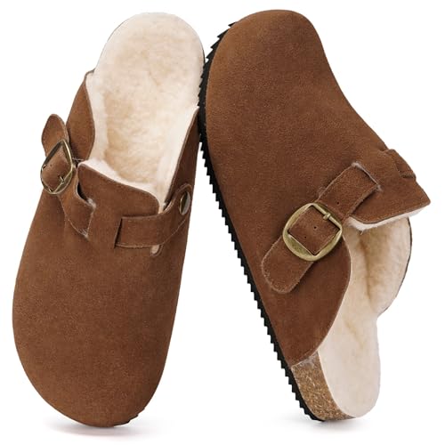 Dokela Pantoletten Gefüttert Herren Hausschuhe Winter Wärme Plüsch Latschen Leder Schlappen Mit Fußbett rutschfest Schuhe Rotbraun 45 von Dokela