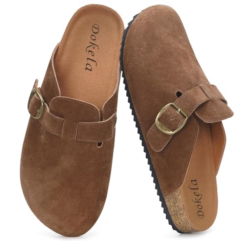 Dokela Pantoletten Herren Damen Wildleder Hausschuhe Sommer Kork-Fußbett Mules Bequeme Modernes Clogs, Tan, 43 EU von Dokela