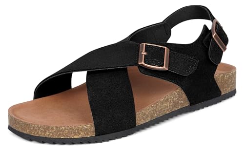Dokela Sandalen Damen Wildleder Mit Kork Fußbett Sandaletten Sommer Bequem Elegant Fußgewölbestütze Schwarz 38 von Dokela
