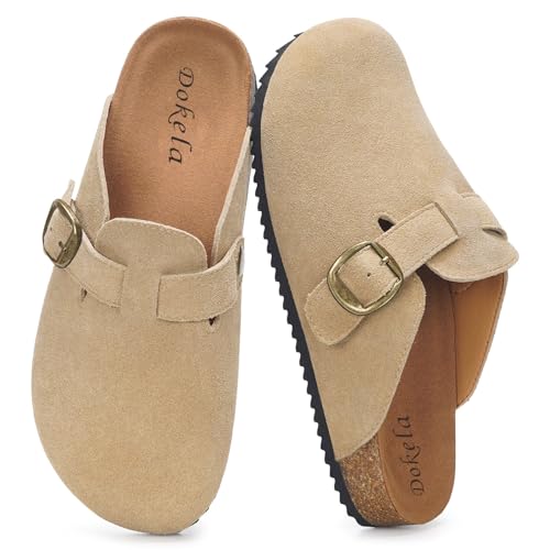Herren Damen Style Pantoletten Leder Kork-Fußbett Sandalen Hausschuhe Arbeitsschuhe Bequeme Classic Clogs, Aprikose, 38 EU von Dokela