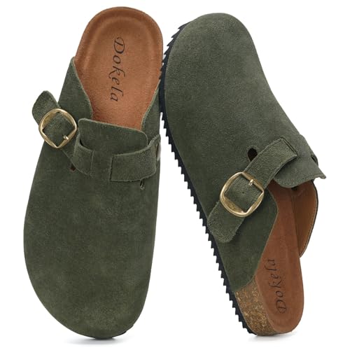 Herren Damen Style Pantoletten Leder Kork-Fußbett Sandalen Hausschuhe Arbeitsschuhe Bequeme Classic Clogs, Army Grün, 38 EU von Dokela