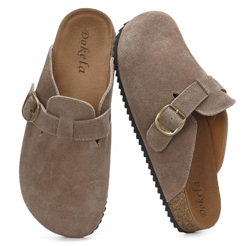 Herren Damen Style Pantoletten Leder Kork-Fußbett Sandalen Hausschuhe Arbeitsschuhe Bequeme Classic Clogs, Dunkelbraun, 40 EU von Dokela