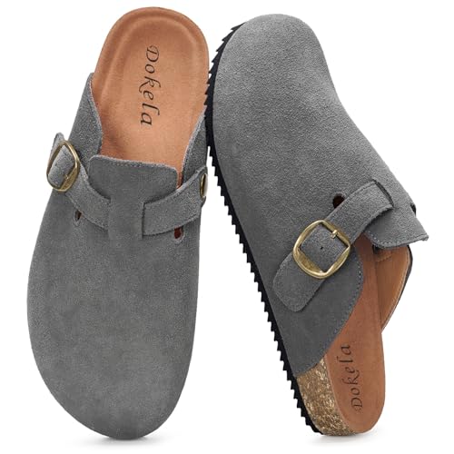 Herren Damen Style Pantoletten Leder Kork-Fußbett Sandalen Hausschuhe Arbeitsschuhe Bequeme Classic Clogs, Grau, 38 EU von Dokela