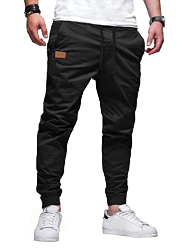 Dokotoo Men Herren-Cargo-Jogginghose, lässig, Twill, Chino, Baumwolle, elastischer Kordelzug, Outdoor, Wandern, Sweatpants, Schwarz, XXL von Dokotoo Men