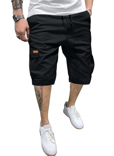 Dokotoo Men Herren-Cargo-Shorts, Kurze Hose, legere Taille, elastischer Kordelzug, Outdoor-Golf-Shorts mit 6 Taschen, Schwarz, 56 von Dokotoo Men
