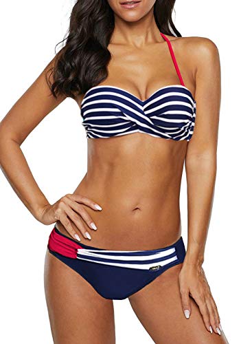 Dokotoo Bandeau Bikini Damen Push Up Zweiteilige Badeanzug Bademode Bikini Set, 01-Blau, L von Dokotoo