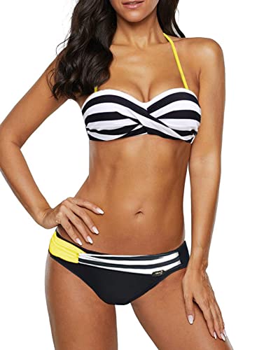 Dokotoo Bandeau Bikini Damen Push Up Zweiteilige Badeanzug Bademode Bikini Set, 01-Gelb, L von Dokotoo