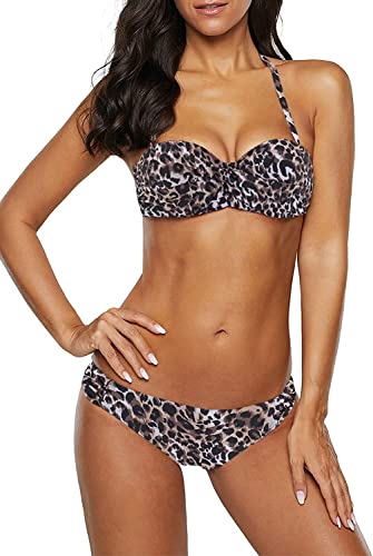 Dokotoo Bandeau Bikini Damen Push Up Zweiteilige Badeanzug Bademode Bikini Set, 03-Leopard, L von Dokotoo