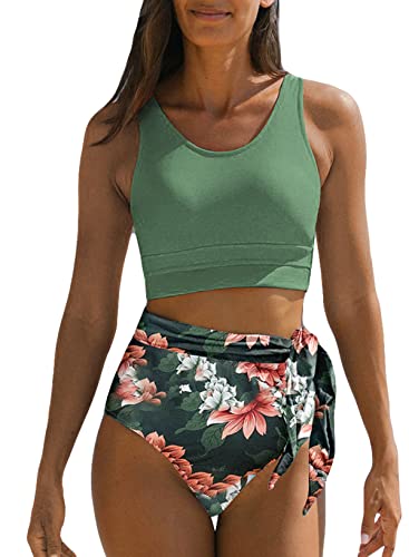 Dokotoo Bikini Damen Set High Waist Bauchweg Bademode Blumenmuster Zweiteiliger Badeanzug Side Tie Swimsuit, grün, XL von Dokotoo