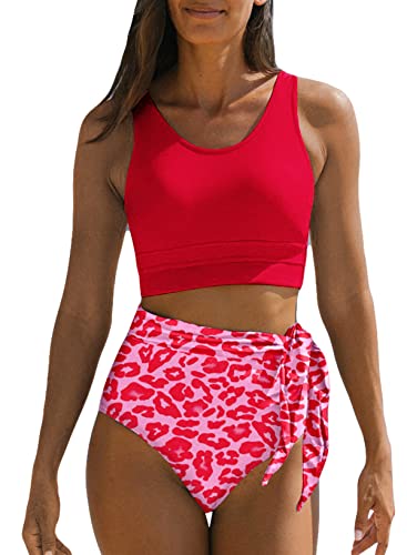 Dokotoo Bikini Damen Set High Waist Bauchweg Bademode Blumenmuster Zweiteiliger Badeanzug Side Tie Tankini, rot, L von Dokotoo