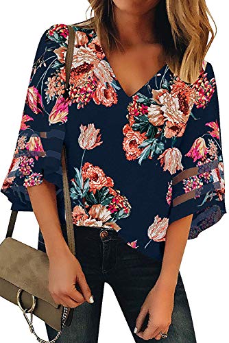 Dokotoo Bluse Damen Elegant 3/4 Arm V-Ausschnitt Tunika Sommer Chiffon Damenblusen Festlich Blumen Locker Oberteile Tops Shirt, rot, XXL von Dokotoo