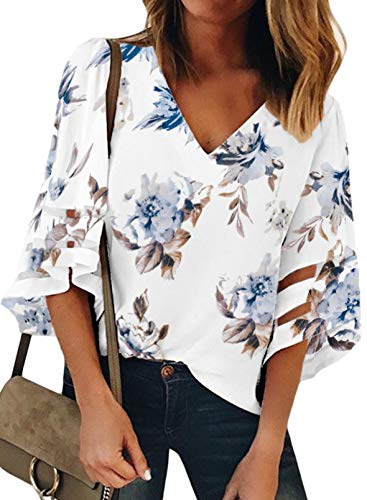 Dokotoo Bluse Damen Elegant 3/4 Arm V-Ausschnitt Tunika Sommer Chiffon Damenblusen Festlich Blumen Locker Oberteile Tops Shirt, weiß, XXL von Dokotoo