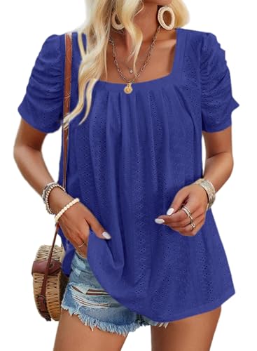 Dokotoo Bluse Damen Elegant Sommer T-Shirts Oberteile Kurzarm Puffärmel Spreizkragen Spitze Aushöhlen Elegante Oberteil Plissierte Kurze Ärmel Tops Spitzenbluse Einfarbig Tuniken Blusen Blau XL von Dokotoo