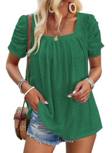 Dokotoo Bluse Damen Elegant Sommer T-Shirts Oberteile Kurzarm Puffärmel Spreizkragen Spitze Aushöhlen Elegante Oberteil Plissierte Kurze Ärmel Tops Spitzenbluse Einfarbig Tuniken Blusen Grün L von Dokotoo