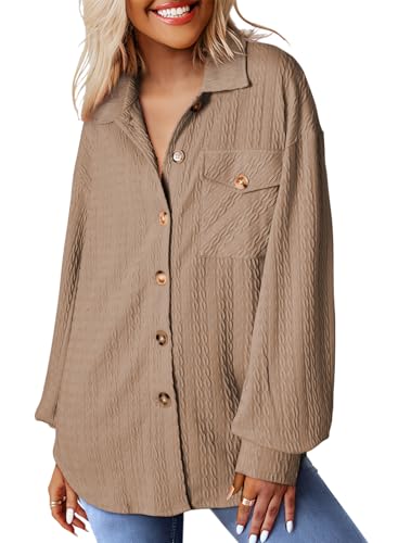Dokotoo Bluse Damen Langarm Elegant Hemdjacke Lässig Oberteile Hemd Langarmshirt Knopfleiste Einfarbig Shirts Stehkragen Locker Hemdbluse Beige S von Dokotoo