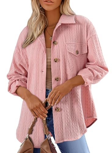 Dokotoo Bluse Damen Langarm Elegant Hemdjacke Lässig Oberteile Hemd Langarmshirt Knopfleiste Einfarbig Shirts Stehkragen Locker Hemdbluse Rosa XL von Dokotoo