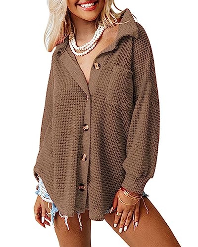 Dokotoo Bluse Damen Langarm Elegant Hemdjacke Lässig Oberteile Hemd Langarmshirt Waffel Knopfleiste Einfarbig Shirts Stehkragen Locker Hemdbluse Braun 2XL von Dokotoo