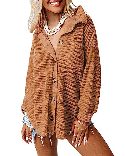 Dokotoo Bluse Damen Langarm Lässig Oberteile Hemd Langarmshirt Waffel Knopfleiste Oberteil Blusen Einfarbig Shirts Stehkragen Elegant Hemdjacke Locker Hemdbluse Braun S von Dokotoo