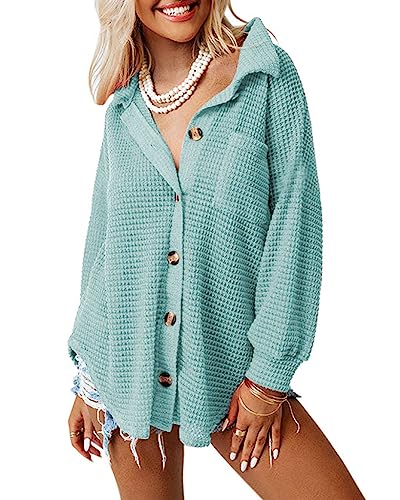 Dokotoo Bluse Damen Langarm Lässig Oberteile Hemd Langarmshirt Waffel Knopfleiste Oberteil Blusen Einfarbig Shirts Stehkragen Elegant Hemdjacke Locker Hemdbluse Grün S von Dokotoo