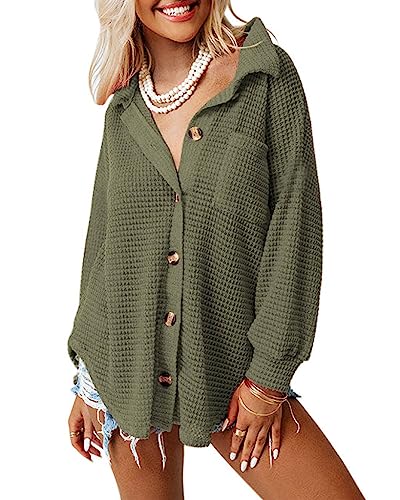 Dokotoo Bluse Damen Langarm Elegant Hemdjacke Lässig Oberteile Hemd Langarmshirt Waffel Knopfleiste Einfarbig Shirts Stehkragen Locker Hemdbluse Grün S von Dokotoo