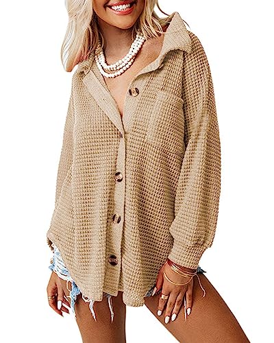 Dokotoo Bluse Damen Langarm Elegant Hemdjacke Lässig Oberteile Hemd Langarmshirt Waffel Knopfleiste Einfarbig Shirts Stehkragen Locker Hemdbluse Khaki 2XL von Dokotoo