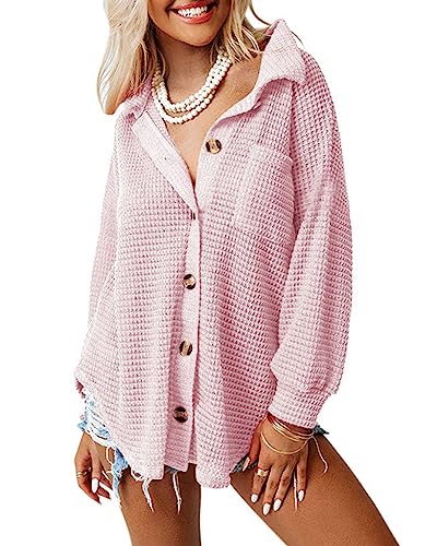 Dokotoo Bluse Damen Langarm Lässig Oberteile Hemd Langarmshirt Waffel Knopfleiste Oberteil Blusen Einfarbig Shirts Stehkragen Elegant Hemdjacke Locker Hemdbluse Rosa L von Dokotoo