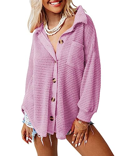 Dokotoo Bluse Damen Langarm Lässig Oberteile Hemd Langarmshirt Waffel Knopfleiste Oberteil Blusen Einfarbig Shirts Stehkragen Elegant Hemdjacke Locker Hemdbluse Lila 2XL von Dokotoo