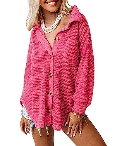 Dokotoo Bluse Damen Langarm Lässig Oberteile Hemd Langarmshirt Waffel Knopfleiste Oberteil Blusen Einfarbig Shirts Stehkragen Elegant Hemdjacke Locker Hemdbluse Rosa 2XL von Dokotoo