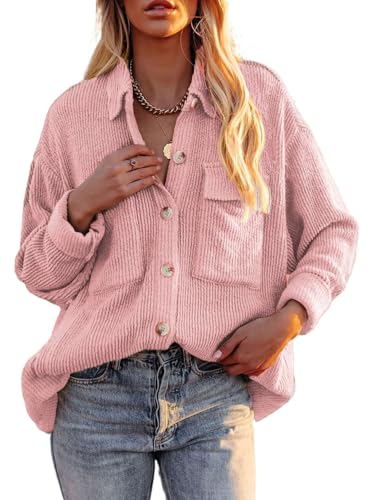 Dokotoo Bluse Damen Langarmshirt Elegant Lässig Locker Langarm Knopfleiste Einfarbig Shirts Cord Oberteile Hemdkragen Tunika Stehkragen Hemd mit Brusttaschen Tops Rosa 2XL von Dokotoo