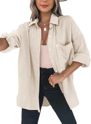 Dokotoo Bluse Damen Musselin Langarmshirt Baumwolle Lässig Locker Oberteile Hemd Langarm Farbblock Shirts Einfarbig Tops Hemdjacke Blusen Aprikose 2XL von Dokotoo
