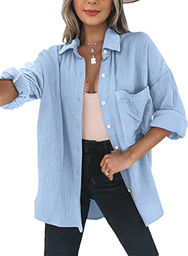 Dokotoo Bluse Damen Musselin Langarmshirt Baumwolle Lässig Oberteile Hemd Langarm Farbblock Shirts Einfarbig Tops Hemdjacke Blau M von Dokotoo