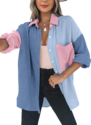Dokotoo Bluse Damen Musselin Langarmshirt Baumwolle Lässig Oberteile Hemd Langarm Farbblock Shirts Knopfleiste Tops Hemdjacke Blau S von Dokotoo