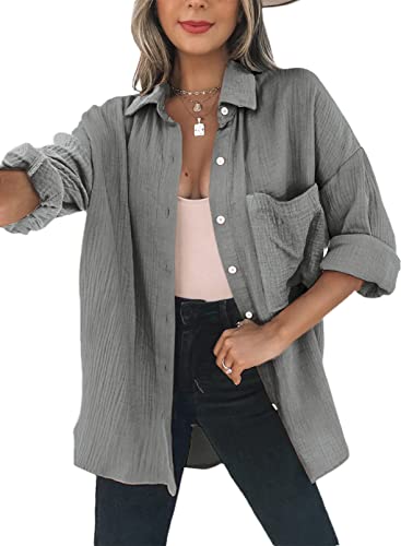 Dokotoo Bluse Damen Musselin Langarmshirt Baumwolle Lässig Oberteile Hemd Langarm Farbblock Shirts Einfarbig Tops Hemdjacke Grau 2XL von Dokotoo