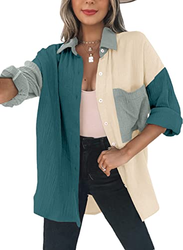 Dokotoo Bluse Damen Musselin Langarmshirt Baumwolle Lässig Oberteile Hemd Langarm Farbblock Shirts Knopfleiste Tops Hemdjacke Grün S von Dokotoo