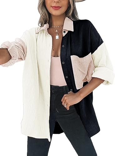 Dokotoo Bluse Damen Musselin Langarmshirt Baumwolle Lässig Oberteile Hemd Langarm Farbblock Shirts Einfarbig Tops Hemdjacke Schwarz M von Dokotoo