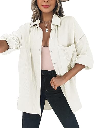 Dokotoo Bluse Damen Musselin Langarmshirt Baumwolle Lässig Oberteile Hemd Langarm Farbblock Shirts Einfarbig Tops Hemdjacke A Weiß 2XL von Dokotoo