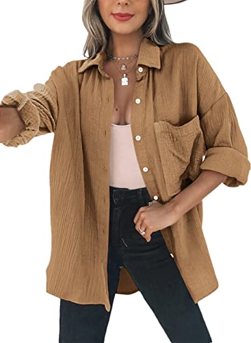 Dokotoo Bluse Damen Musselin Langarmshirt Baumwolle Lässig Oberteile Hemd Langarm Farbblock Shirts Einfarbig Tops Hemdjacke Braun 2XL von Dokotoo
