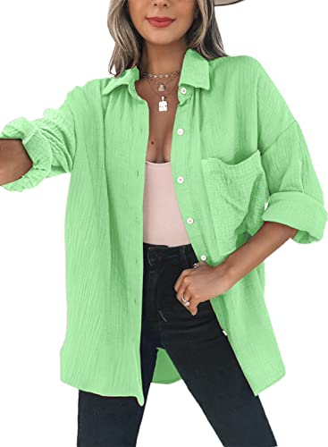 Dokotoo Bluse Damen Musselin Langarmshirt Baumwolle Lässig Oberteile Hemd Langarm Farbblock Shirts Einfarbig Tops Hemdjacke Grün 2XL von Dokotoo