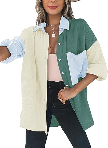 Dokotoo Bluse Damen Musselin Langarmshirt Baumwolle Lässig Oberteile Hemd Langarm Farbblock Shirts Knopfleiste Tops Hemdjacke Grün M von Dokotoo