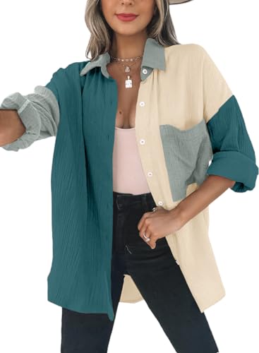 Dokotoo Bluse Damen Musselin Langarmshirt Baumwolle Lässig Oberteile Hemd Langarm Farbblock Shirts Knopfleiste Tops Hemdjacke Grün XL von Dokotoo