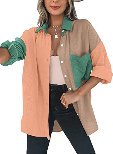 Dokotoo Bluse Damen Musselin Langarmshirt Baumwolle Lässig Oberteile Hemd Langarm Farbblock Shirts Knopfleiste Tops Hemdjacke Khaki L von Dokotoo