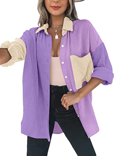 Dokotoo Bluse Damen Musselin Langarmshirt Baumwolle Lässig Oberteile Hemd Langarm Farbblock Shirts Knopfleiste Tops Hemdjacke Lila 2XL von Dokotoo