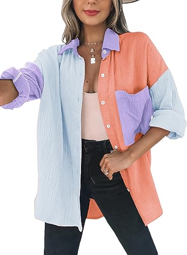 Dokotoo Bluse Damen Musselin Langarmshirt Baumwolle Lässig Oberteile Hemd Langarm Farbblock Shirts Knopfleiste Tops Hemdjacke Lila M von Dokotoo