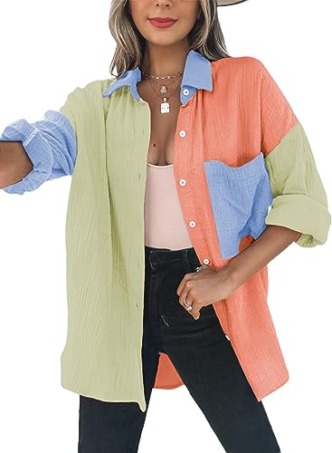 Dokotoo Bluse Damen Musselin Langarmshirt Baumwolle Lässig Oberteile Hemd Langarm Farbblock Shirts Knopfleiste Tops Hemdjacke Orange M von Dokotoo