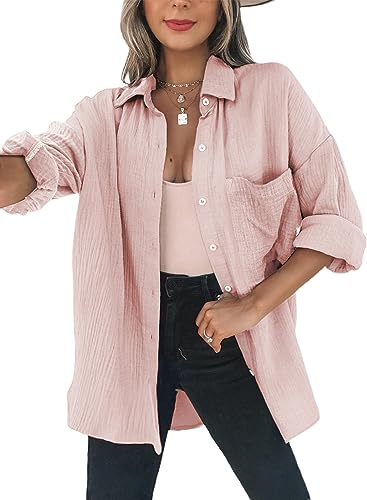 Dokotoo Bluse Damen Musselin Langarmshirt Baumwolle Lässig Oberteile Hemd Langarm Farbblock Shirts Einfarbig Tops Hemdjacke Rosa L von Dokotoo