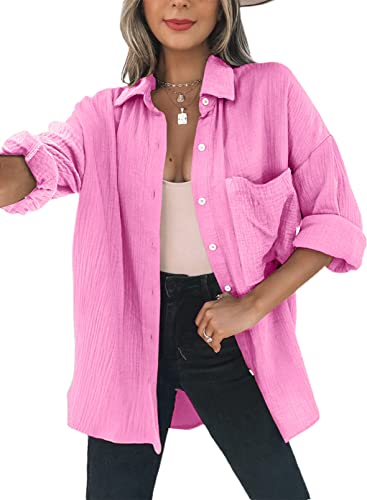 Dokotoo Bluse Damen Musselin Langarmshirt Baumwolle Lässig Oberteile Hemd Langarm Farbblock Shirts Einfarbig Tops Hemdjacke Rosa L von Dokotoo