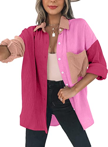 Dokotoo Bluse Damen Musselin Langarmshirt Baumwolle Lässig Oberteile Hemd Langarm Farbblock Shirts Knopfleiste Tops Hemdjacke Rose M von Dokotoo